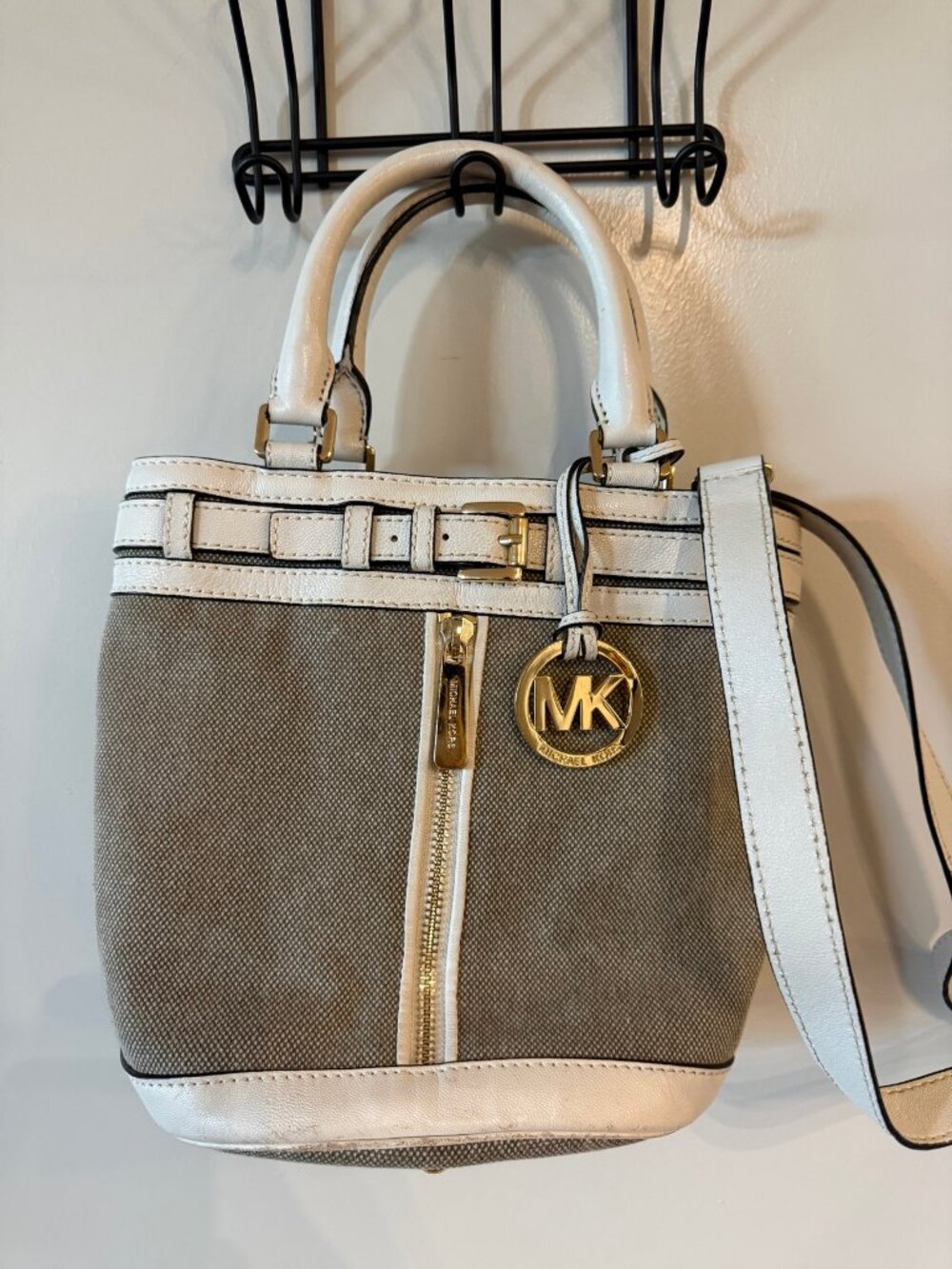 Michael Kors Canvas & Leather Belted Satchel Crossbody — Beige/Cream